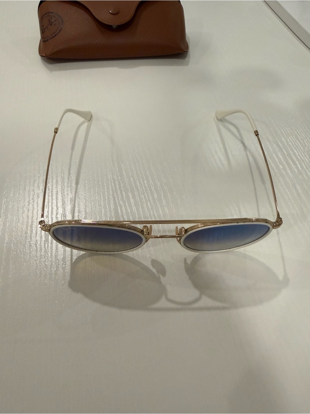 Round Double Bridge Ray Ban Gold Frame Blue Gradient Lens Sunglasses - Picture 9 of 11